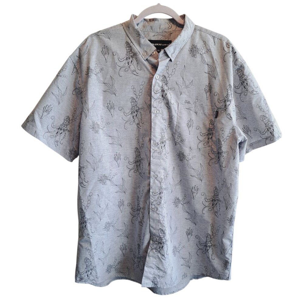 Molokai Surf Co Grey Men XXL Button Down Short Sleeve Hawaii Surfer Octopus